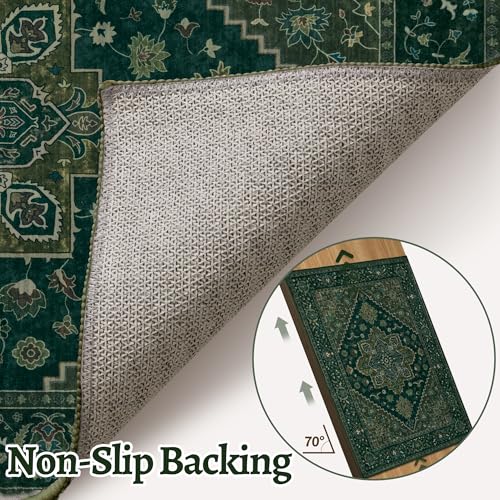 Image of Tangsoo 3x5 Washable Rug Indoor Area Rugs, Vintage Non Slip Accent Rug Carpet, Oriental Soft Low Pile Rugs for Living Room Dorm Bedroom Bedside Entryway Bathroom Home Decor Dark Green