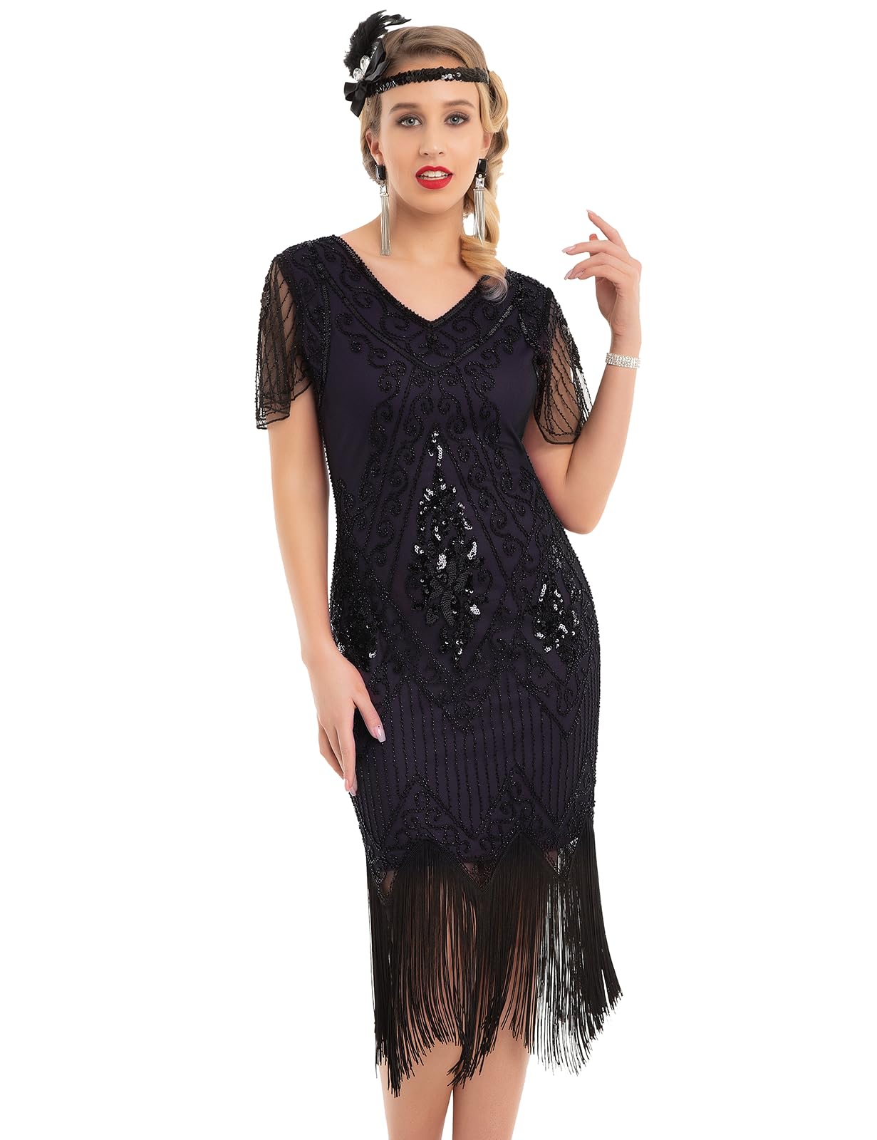 PrettyGuide Women's 1920s Dress Sequin Art Deco Flapper Dress with Sleeve