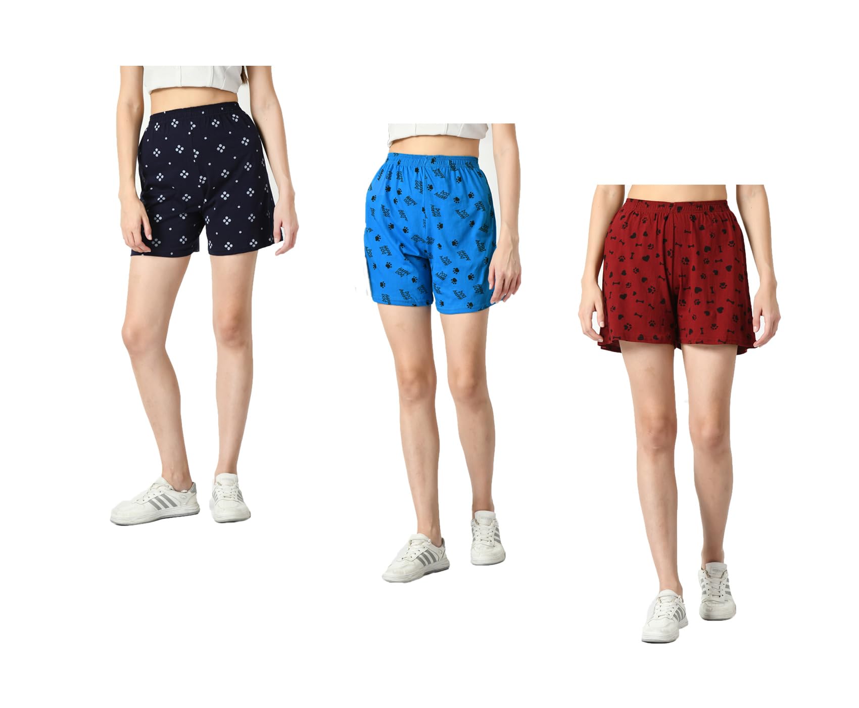 kayu Pack of 3 Women’s Cotton Printed Shorts Comfortable Elastic Waist Casual Lounge Summer Shorts for Women Navy Blue, Blue, Maroon-picture-20