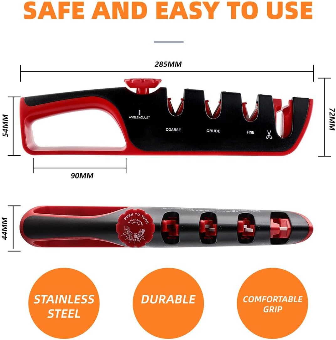 4-in-1 Manual Knife Sharpener – Best Kitchen Knife Sharpener with Tungsten Carbide & Ceramic Stones for All Knives & Scissors | Non-Slip, Adjustable Angle, Knife Sharpening Kit for Home Chefs