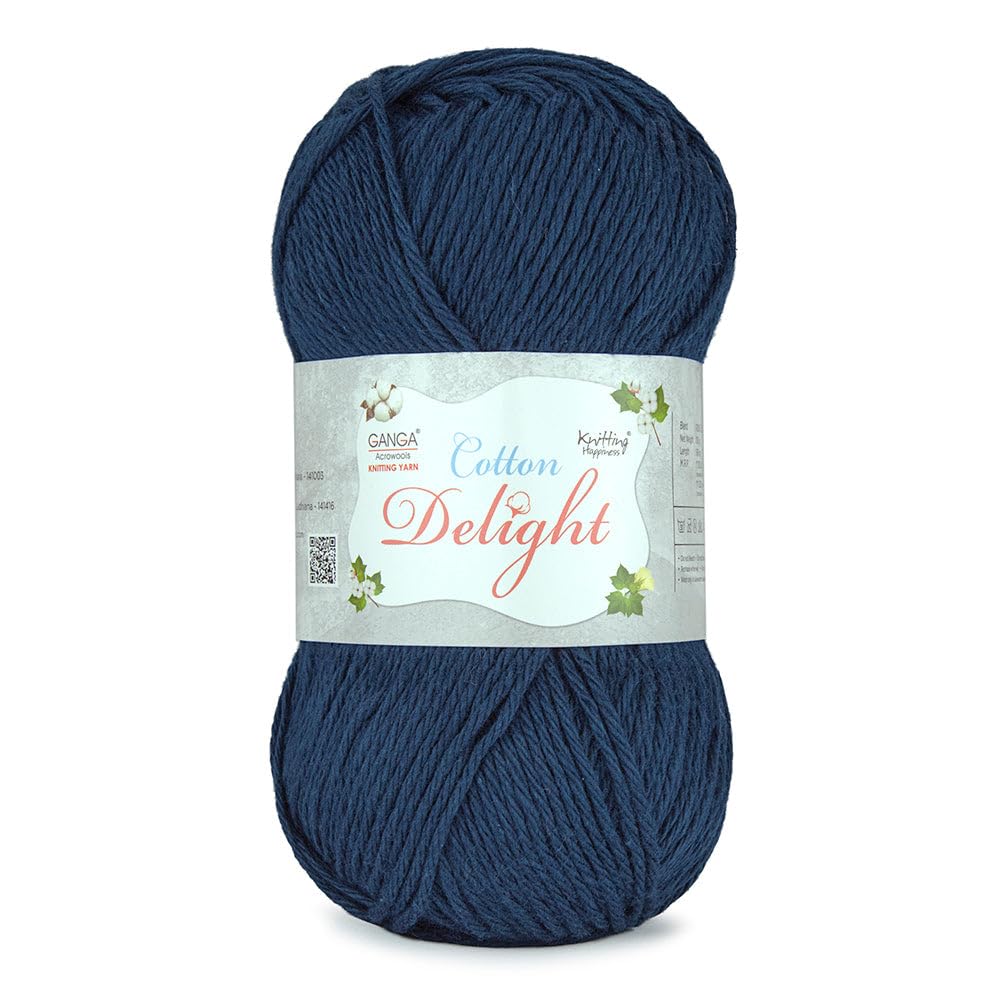 Ganga Acrowools Cotton Delight, Dk Weight Cotton Yarn, Oekotex Class L Certified 100G, 169M (Midnite Blue)