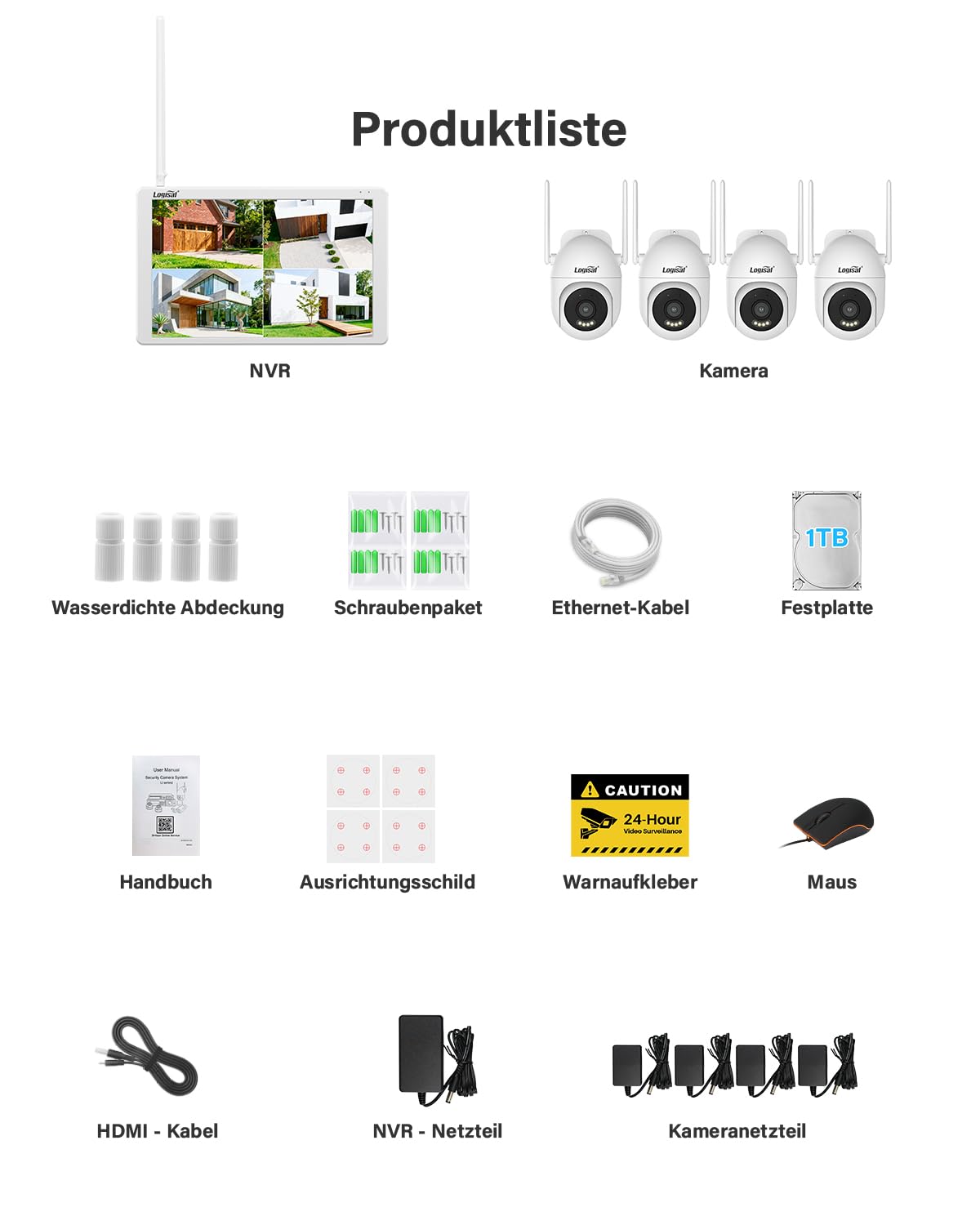 PTZ Überwachungskamera Set mit 10'' Monitor, 5MP 10CH WLAN NVR | 4 Pcs 360° PTZ Kameras mit 24/7 Aufnahme, 2-Wege Audio, Farbe Nachtsicht, Automatische Verfolgung, Personenerkennung, 1TB HDD