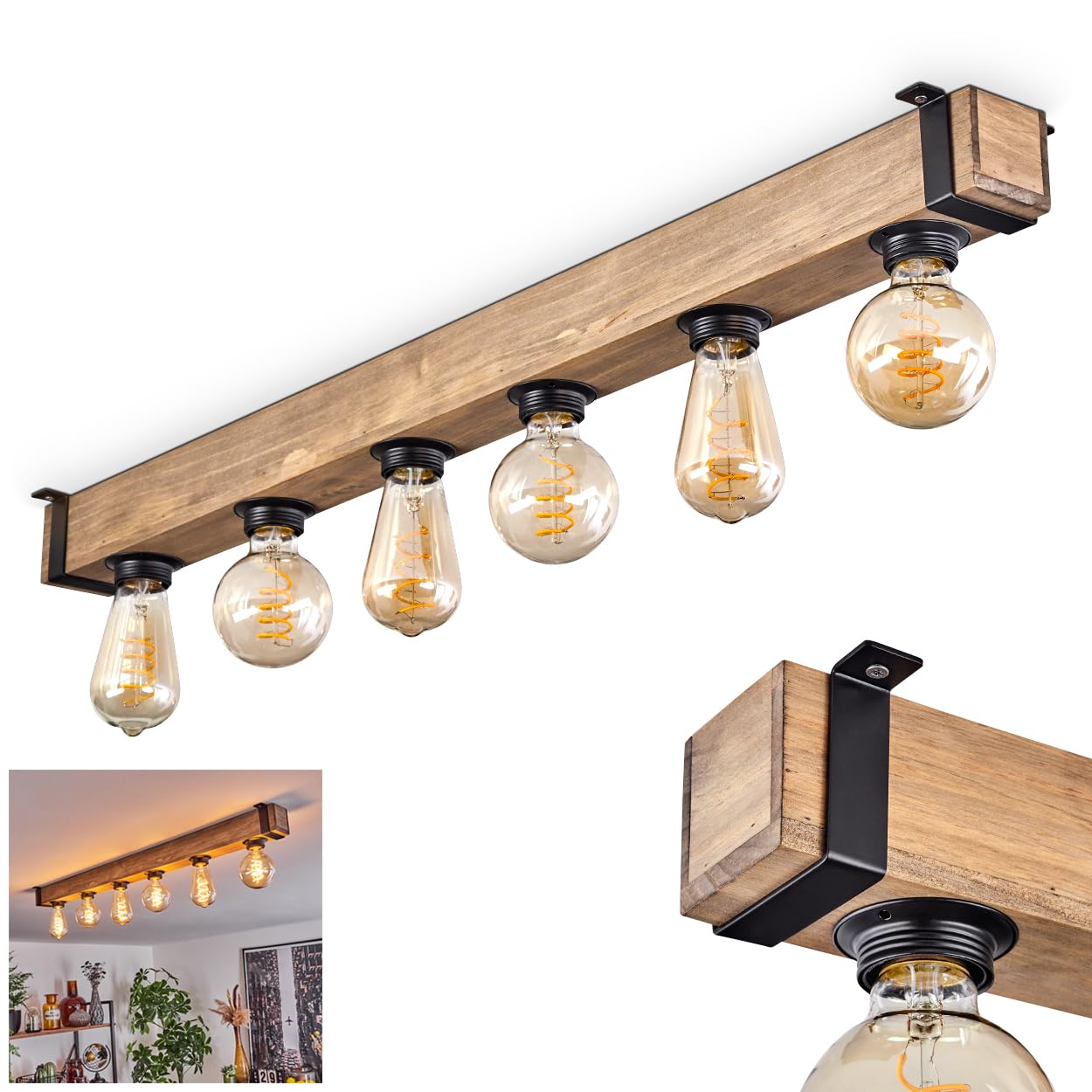 Ceiling Light Montgomery, Modern Ceiling lamp Made of Metal/Wood in Black/Nature, Light in Industrial Style, Retro/Vintage Light 6-Flame with Wooden Beam, 6 x E27 Socket. Without Bulbs