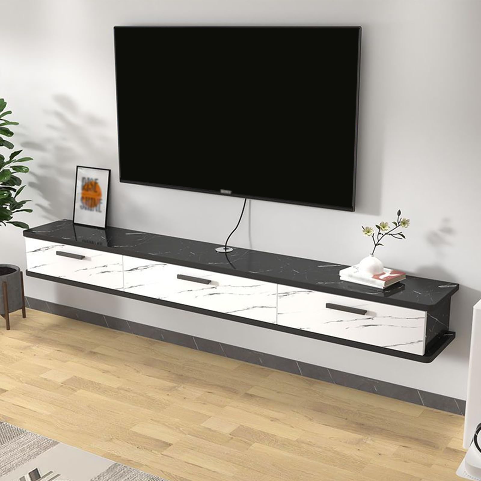 Soporte de pared flotante para TV, consola de almacenamiento larga con puerta abatible, estante moderno para sala de estar, armario de TV suspendido, muebles elegantes de entretenimiento para el hogar
