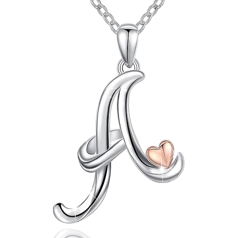 CELESTIA 925 Sterling Silver Initial Necklaces 26 Letter with Rose Gold Heart - 18 Inch Chain