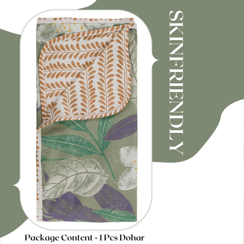 Image of VAS COLLECTIONS Pure Cotton 120 GSM Reversible Soft Lightweight Printed Single Bed Blanket /AC Dohar /Skin Friendly Dohar-152 x 225 cm - Light Green & Beige