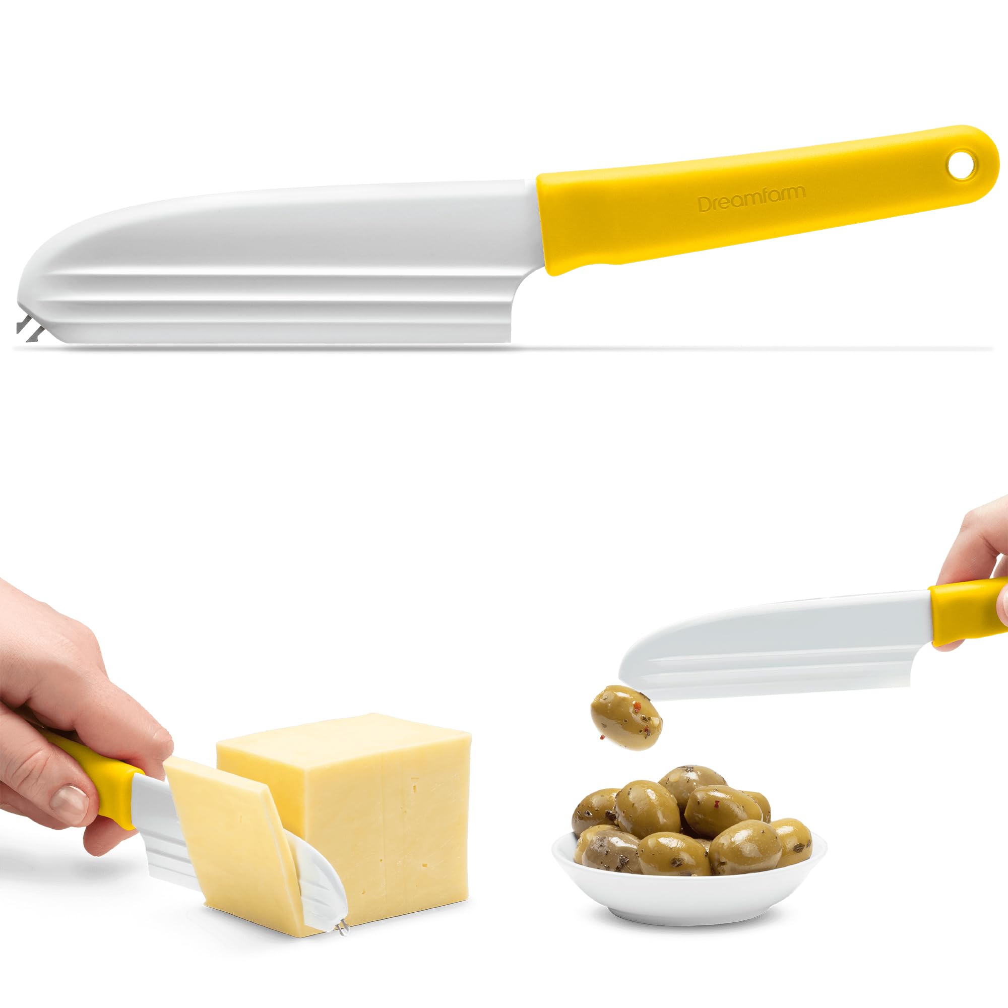 Dreamfarm Yellow Knibble Lite 3-In-1 Non-Stick Cheese Knife For Charcuterie, Slicing, Spreading, With Built-In Fork To Serve & Share Foods - 9"