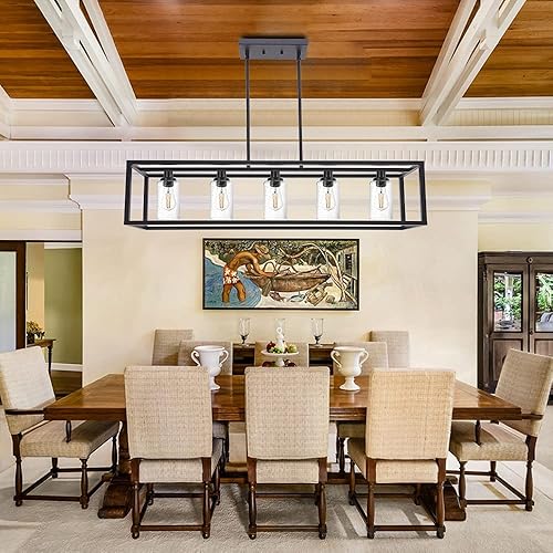 Miniatura 7 de MELUCEE Lámpara rectangular de 5 luces para isla de cocina, comedor, acabado negro con pantalla de vidrio semillado, lámparas colgantes lineales