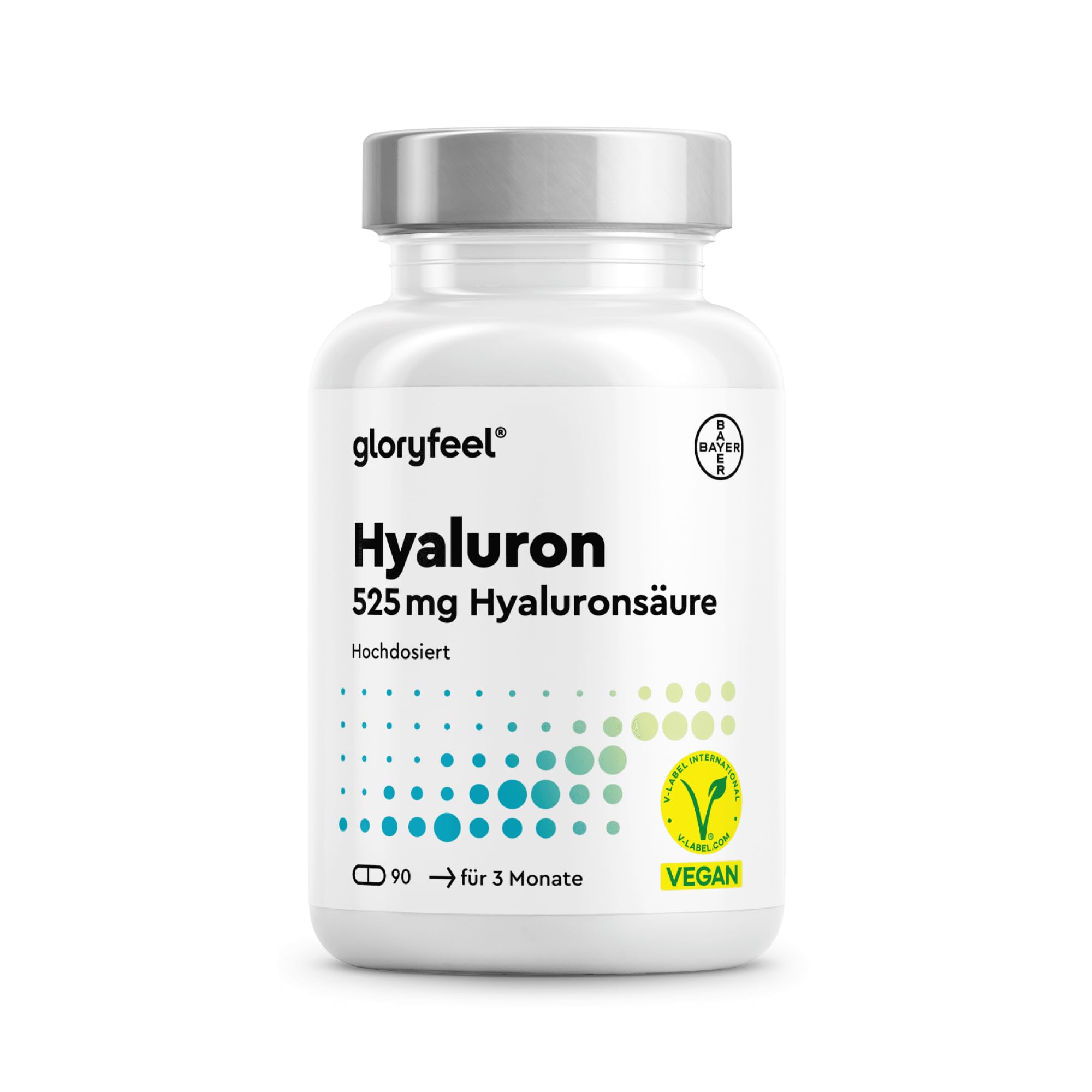 Hyaluron Kapseln Hochdosiert - 525mg Hyaluronsäure pro Kapsel - 500-700 kDa - 90 vegane Kapseln - Laborgeprüft, ohne Zusätze in Deutschland hergestellt