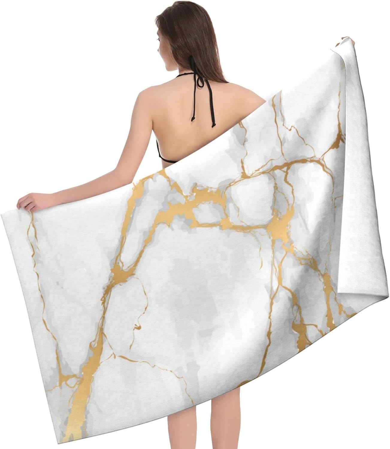 Bath Towel White Marble Gold Beach Towels Soft Absorbent Washcloths Quick Dry Luxury Hotel Quality Towelling for Adults Kids Bathroom Spa Gym Swimming 31.5 x 51.2 Inch Oversized