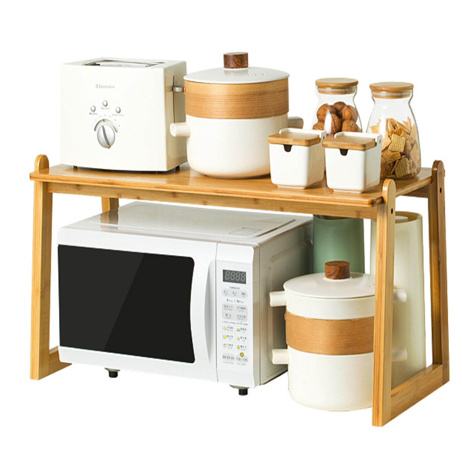 GLJTUO Wooden 2 Tier Microwave Stand with Toaster Shelf for Kitchen Countertop Oven Rack Organizer with Condiments Storage,B