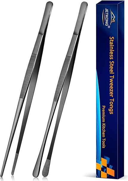 JETKONG 2 Pcs 12-Inch Kitchen Tweezers Tongs with Precision Serrated