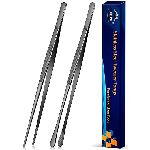JETKONG 2 Pcs 12-Inch Kitchen Tweezers Tongs with Precision Serrated Tips, Stainless Steel Chef Tweezer Professional Cooking Tweezers for BBQ, Plating and Serving (12-Inch, Black)