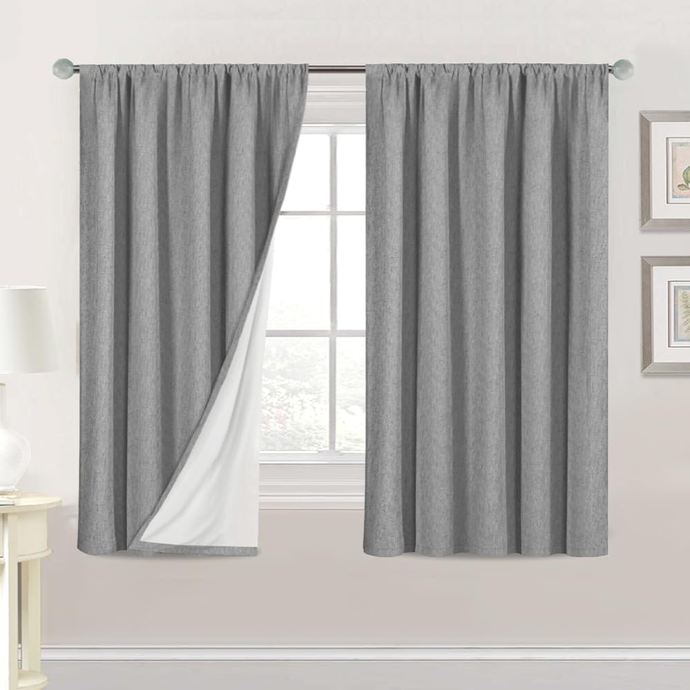 H.VERSAILTEX Linen Look 100% Blackout Curtains 54 Inches Long for Bedroom Full Light Blocking Rod Pocket Linen Textured Thick Window Curtain Drapes with White Backing, Dove Gray, 2 Panels