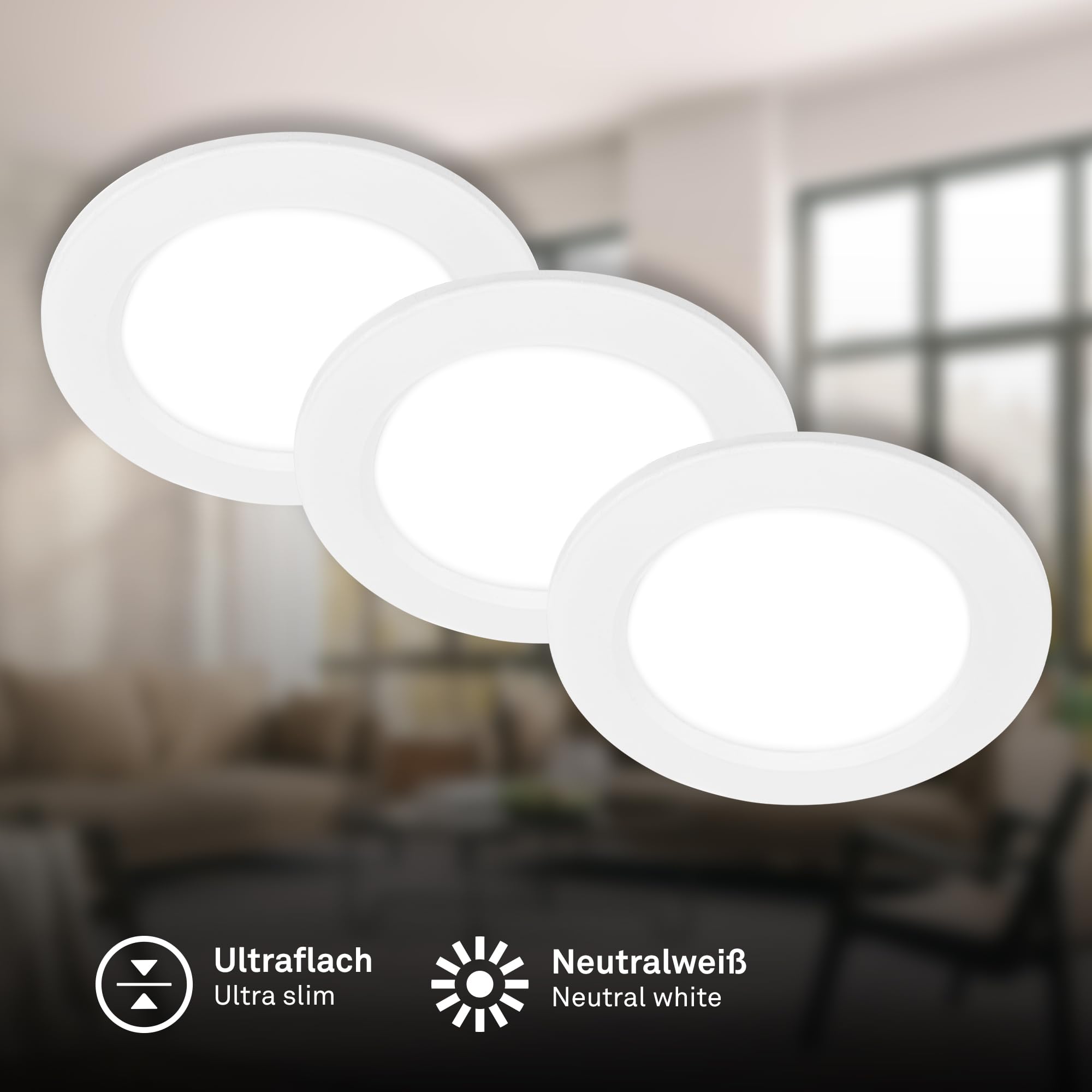 BRILONER - 3er Set LED Einbaustrahler 230V flach, neutralweißes Licht, je 6W 660lm, LED Spot, Deckenspots, Spots 230V, Einbauleuchten, Einbauspots, Deckenstrahler, 30 mm, 120 x 28 mm (DxH), Weiß