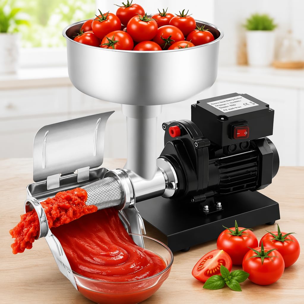 Passaverdure elettrico per pomodori da 450 W, professionale, in acciaio inox, ideale per salse, con imbuto grande e facile da pulire.
