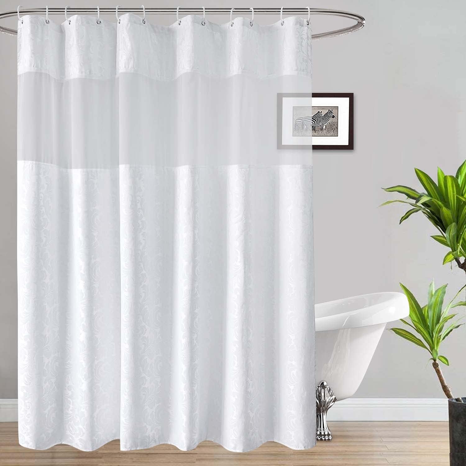 UFRIDAY White Fabric Floral Shower Curtain 72 by 75 Inches, Bathroom Curtain with Damask Pattern, Treated with Light Filtering Mesh Window and Weighted Bottom Hem, Heavy Duty and Waterproof