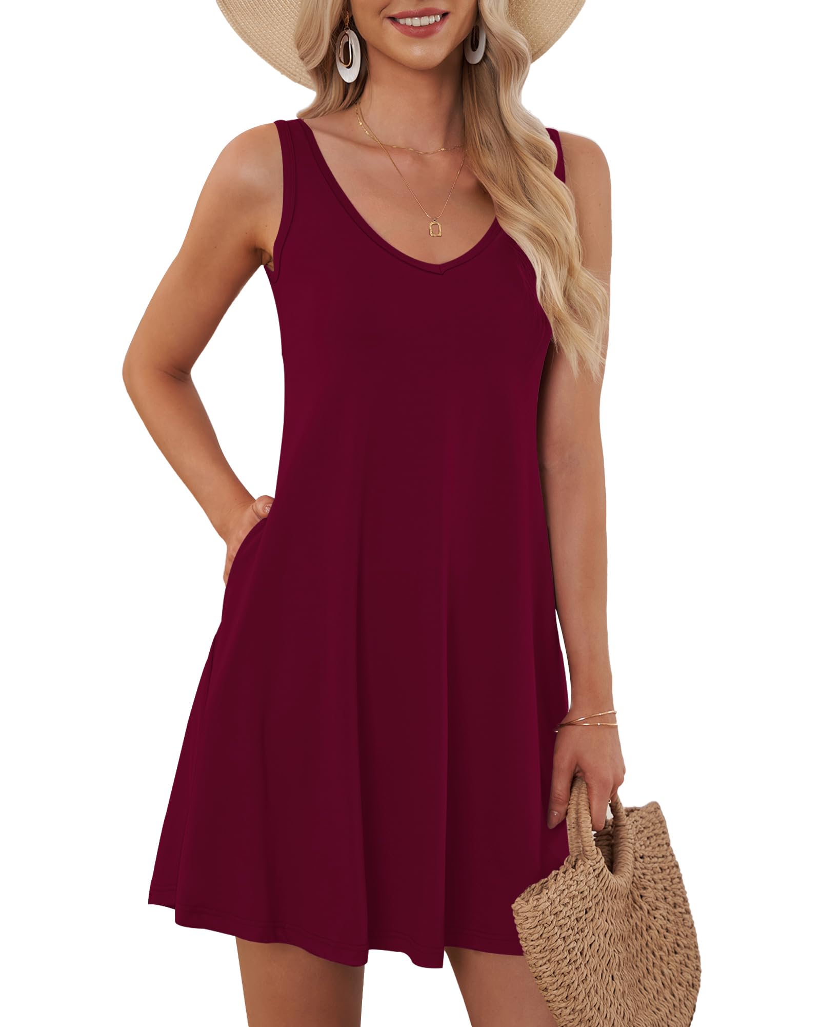 AUSELILY Summer Dresses Women UK Sleeveless Beach Dress Vneck Mini Sundress with Pockets Wine Red 2XL