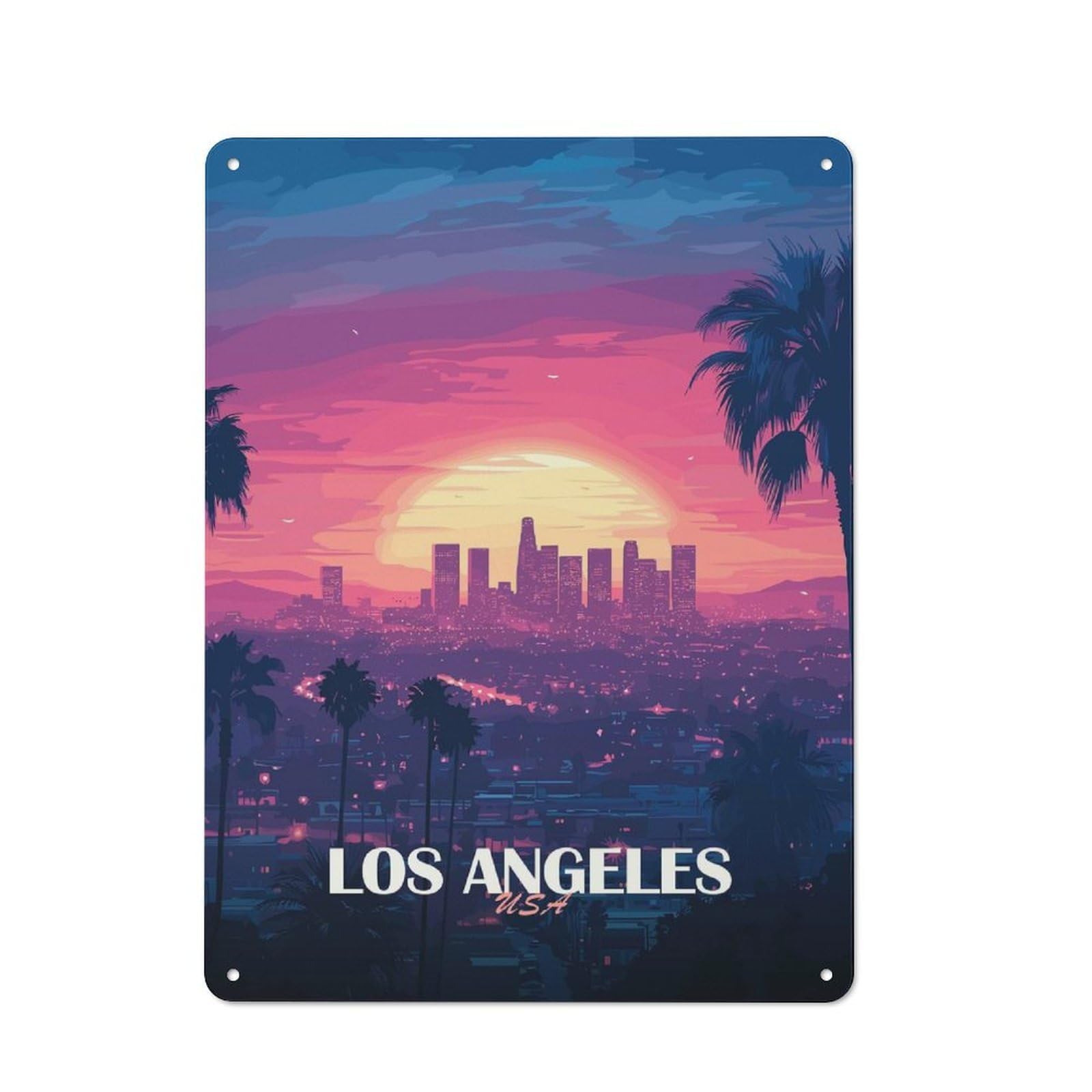 Junmoney Los Angeles Sunset Skyline Illustration Tin Sign 40X30cm For Workshop Wall, Retro Wall Decor, Suited To Metal Sign Collectors