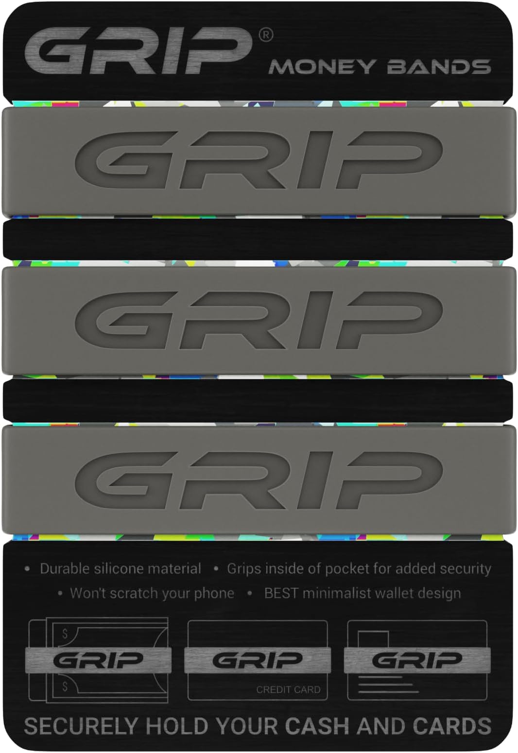 Money Bands (Pack of 3) - FOGHORN GRAY - Premium Silicone Band for Cash & Cards - Slim & Durable Design