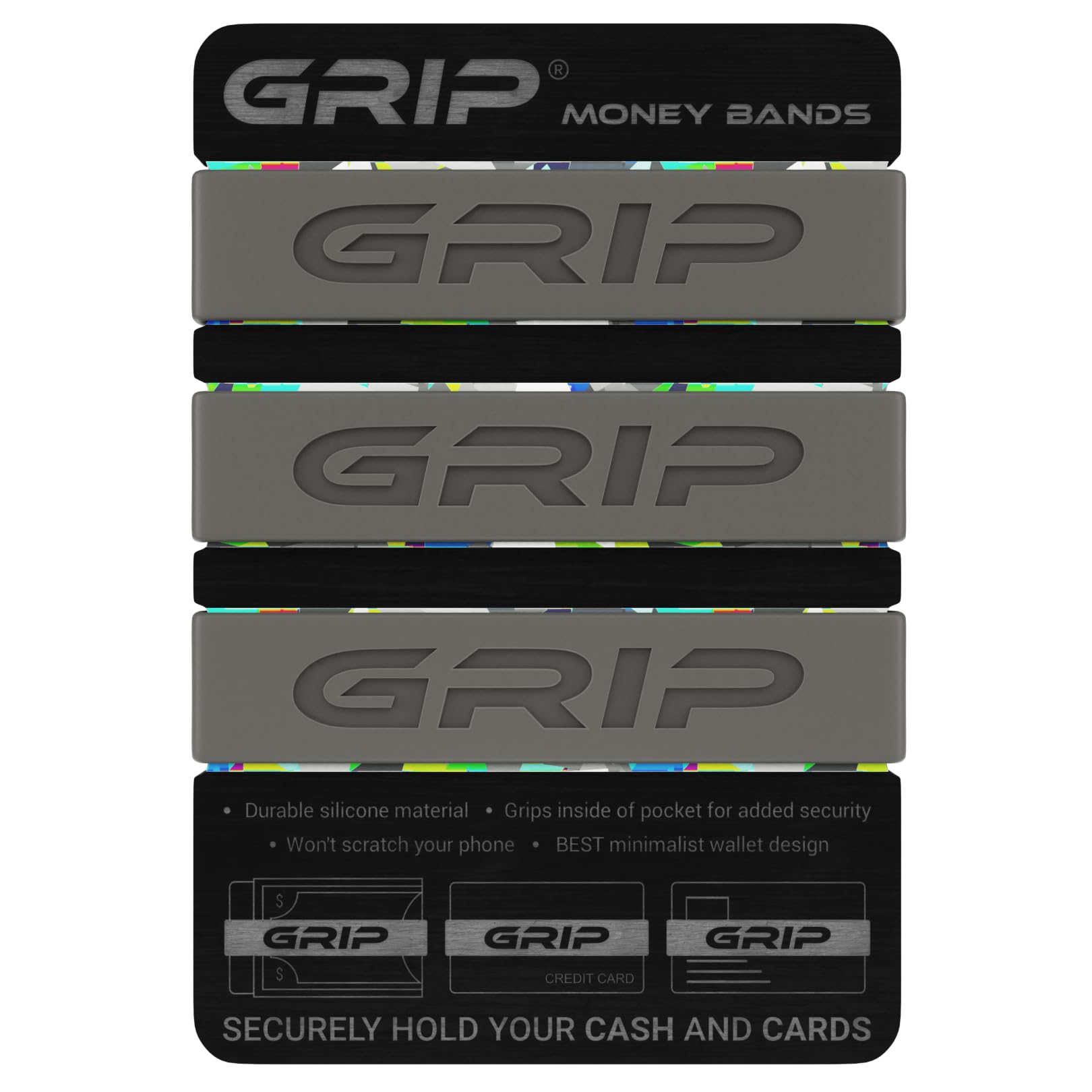 Grip Money Bands (Pack of 3) - FOGHORN GRAY - Premium Silicone Band for Cash & Cards - Slim & Durable Design