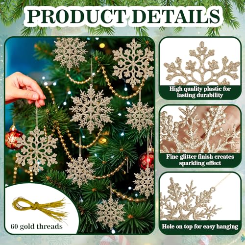 Image of 60pcs Christmas Champagne Gold Snowflake Ornaments Plastic Glitter Snow Flakes Ornaments for Winter Christmas Tree Decorations Size Varies Craft Snowflakes