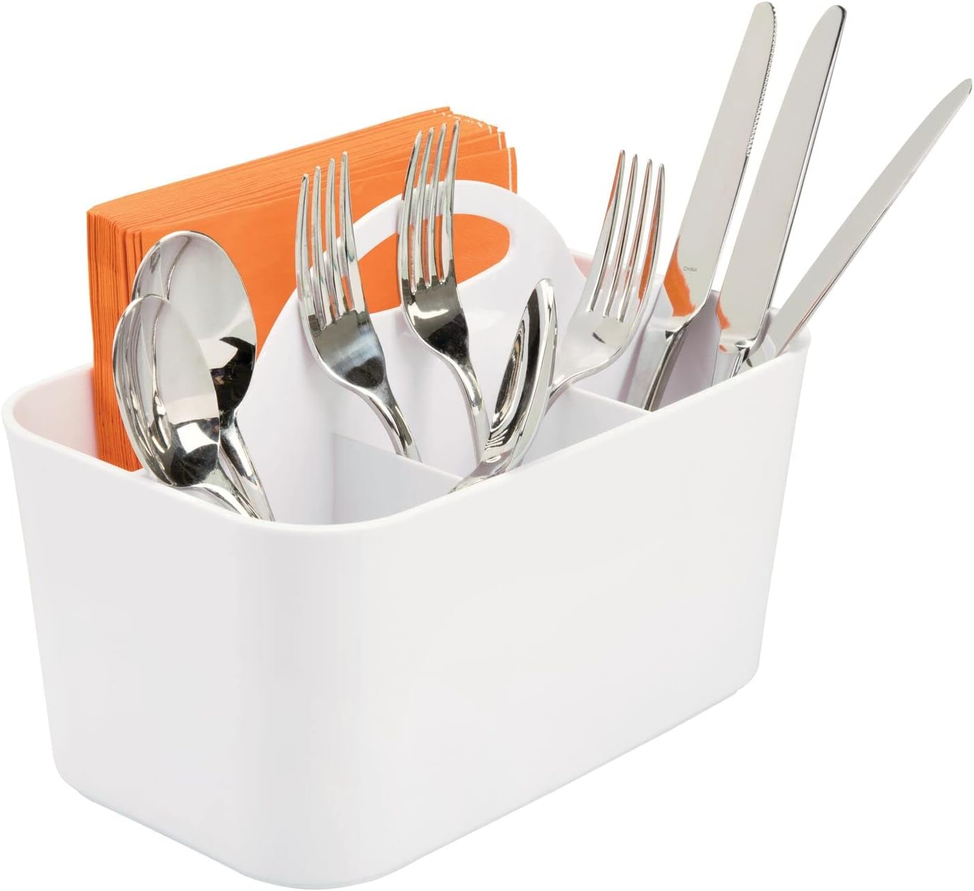 mDesign Plastic Cutlery Storage Organizer Caddy Bin Tote with Handle - Kitchen Cabinet Divided Pantry Basket for Forks, Knives, Spoons, Napkins, Indoor/Outdoor Use, Lumiere Collection, White -