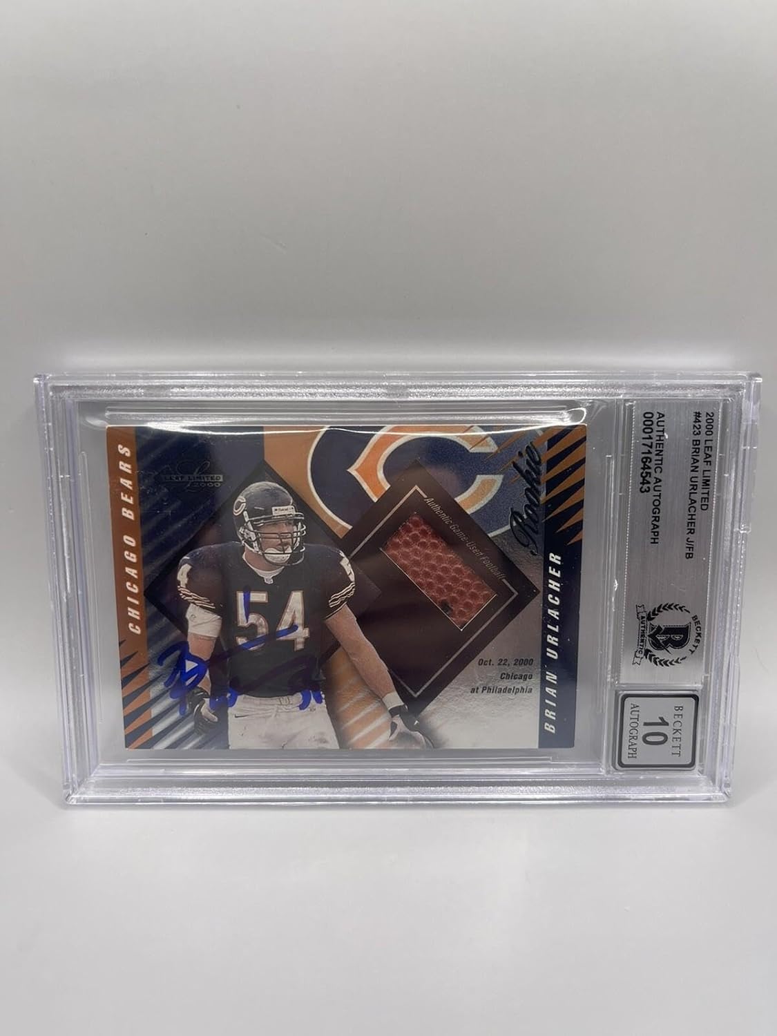 Brian Urlacher Signed 2000 Leaf Limited Game Used Ball Rookie Beckett 10 Auto L3 - NFL Autographed Game Used Footballs