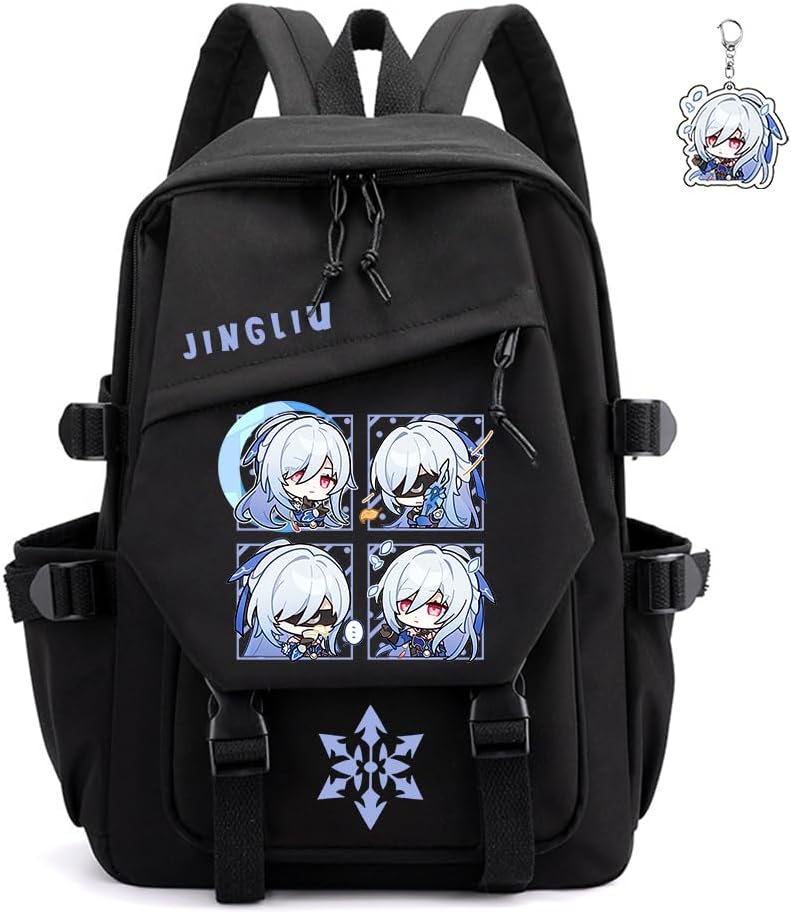 Honkai Star Rail Backpack Women Men Unisex Robin Rucksack Firefly Black Bag HSR Kawaii Anime Backpack (Black-Silver Wolf)