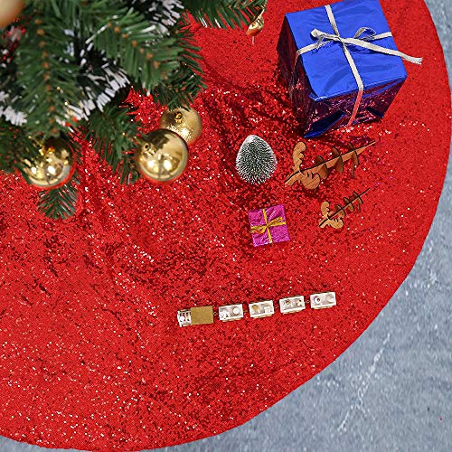 Helaku Red Sequin Tree Skirt - 50Inch Large Christmas Tree Skirt Red Glitter Tree Skirt Round Tree Skirt For Xmas Halloween Holiday Decorations #TOP11