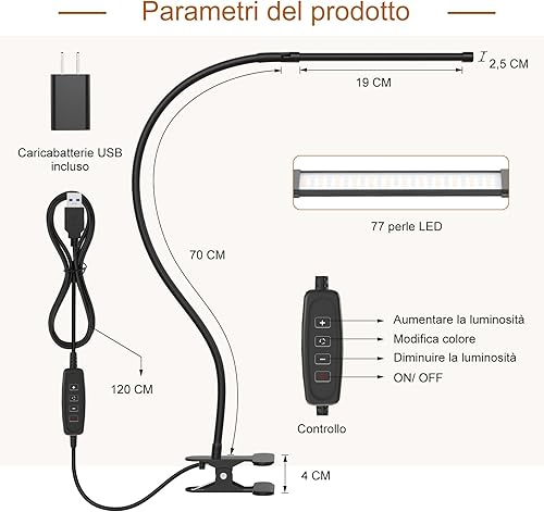 Miniatura 7 de Lámpara LED de escritorio con abrazadera, lámpara de lectura LED regulable con cuello de cisne flexible, 3 colores y 10 lámparas de abrazadera de