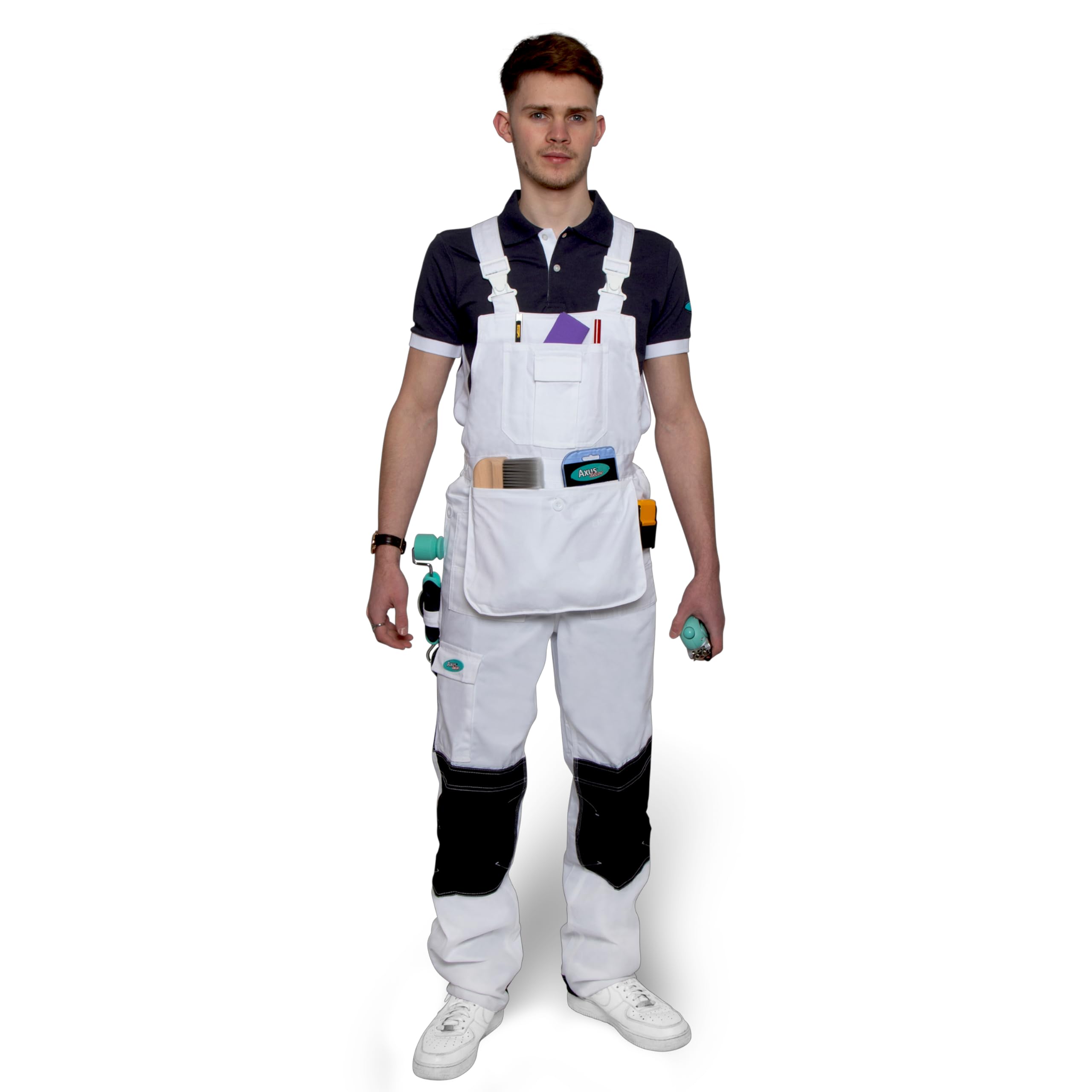 Axus Decor White Painter's Bib & Brace Overalls, Triple Stitched, Decorators Overalls - Shrink Resistant & Comfortable Fabric, Multiple Pockets – Ideal For Painter & Other Workwear - Large