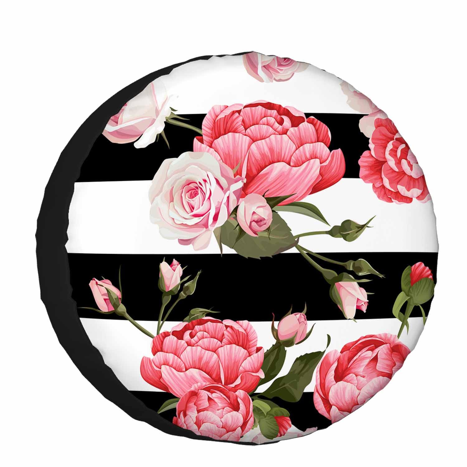 Funda de rueda de repuesto con diseño de peonía rosa para caravana, remolque, rosa, hojas verdes, rayas blancas y negras, protector de ruedas, funda de poliéster resistente a la intemperie para todo tipo de coches, SUV, caravanas, viajes, 15 pulgadas