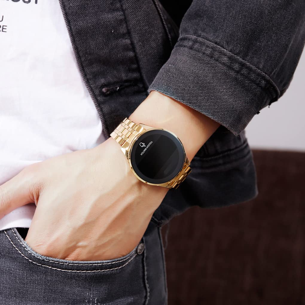 Orologio da polso digitale con schermo touch LED impermeabile per uomo e donna in acciaio inossidabile (dorato)