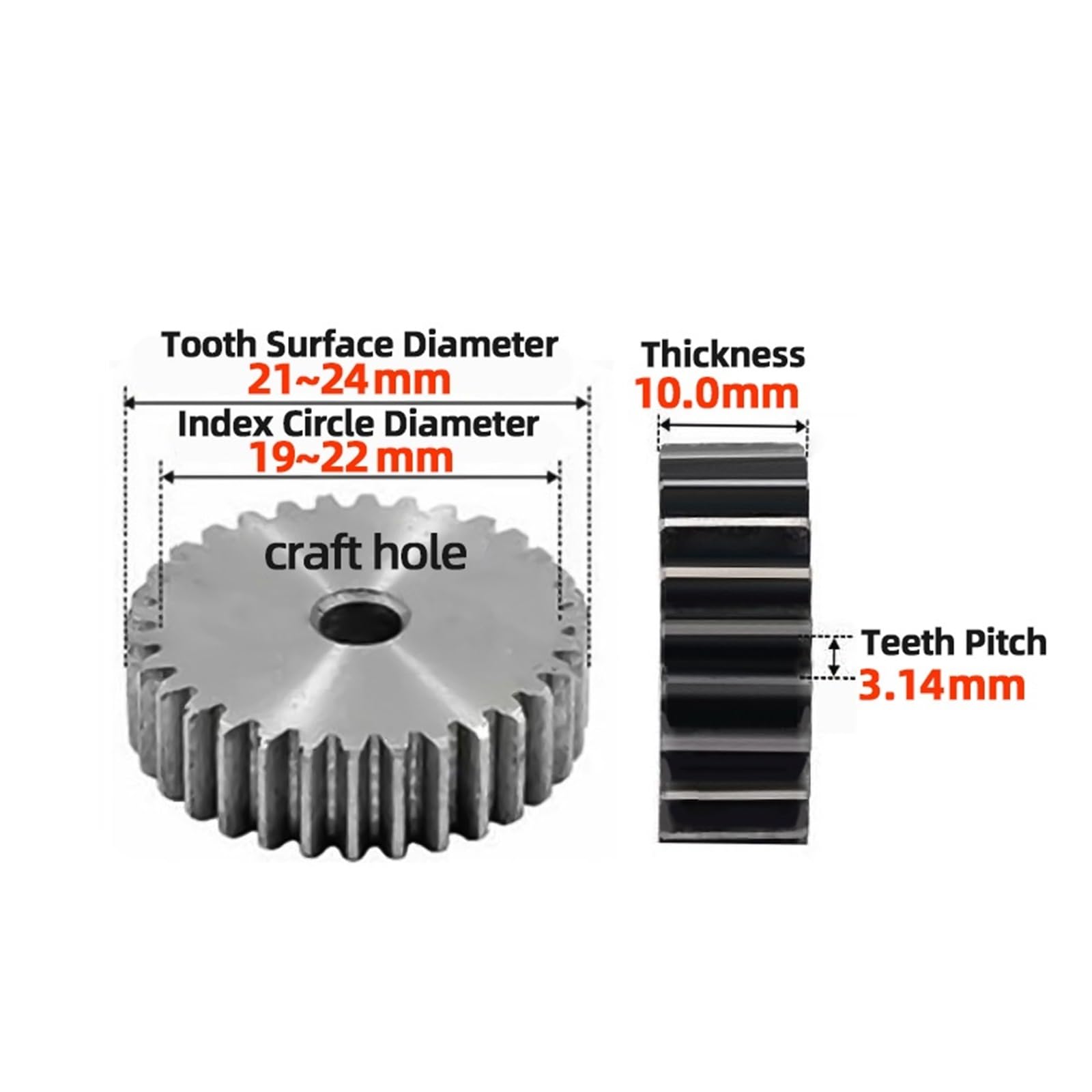 Bevel Gear Pinion Hardware Mechanical 1M19Teeth 1m20Teeth Gear Rack Spur Gear Precision Machinery Industry 45 Steel Gear CNC Pinion(8mm-19 Teeth)