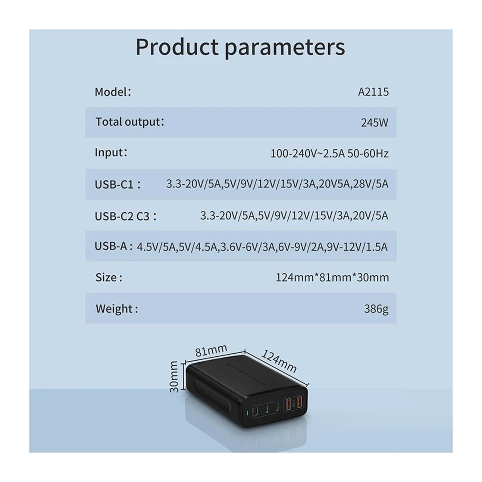 Ładowarka USB C 245 W 5 portów Stacja szybkiego ładowania GaN PD Zasilacz 140 W PD3.1/PPS/QC4+/QC3.0,Bezpieczny i Wydajny(3pin and Cable)