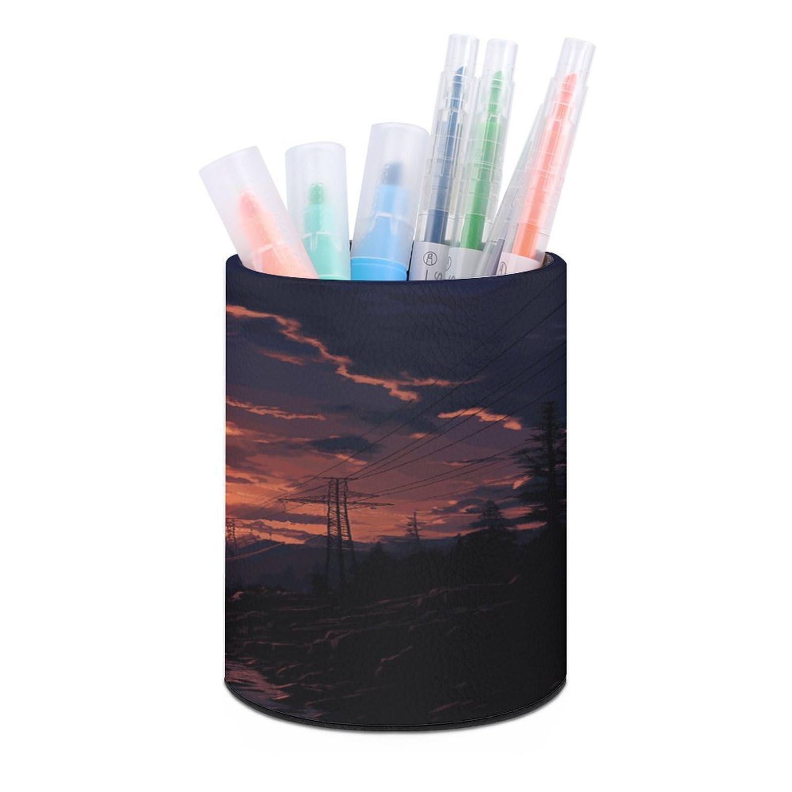 JTREHY Dusk Scenery Pen Holder Round Pen Pencil Holder Makeup Brush Holders Cup PU Leather Pencil Cups Desktop Caddy Stationery Organizer Case Office Accessories Container Box