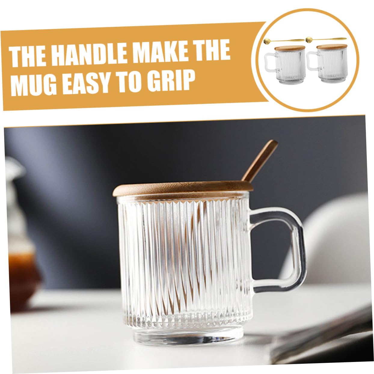 Hohopeti Set 2 Tazze da Caffè in Vetro con Manico, Coperchio in Legno e Cucchiaino, Capacità 340ml, per Casa e Uso Esterno