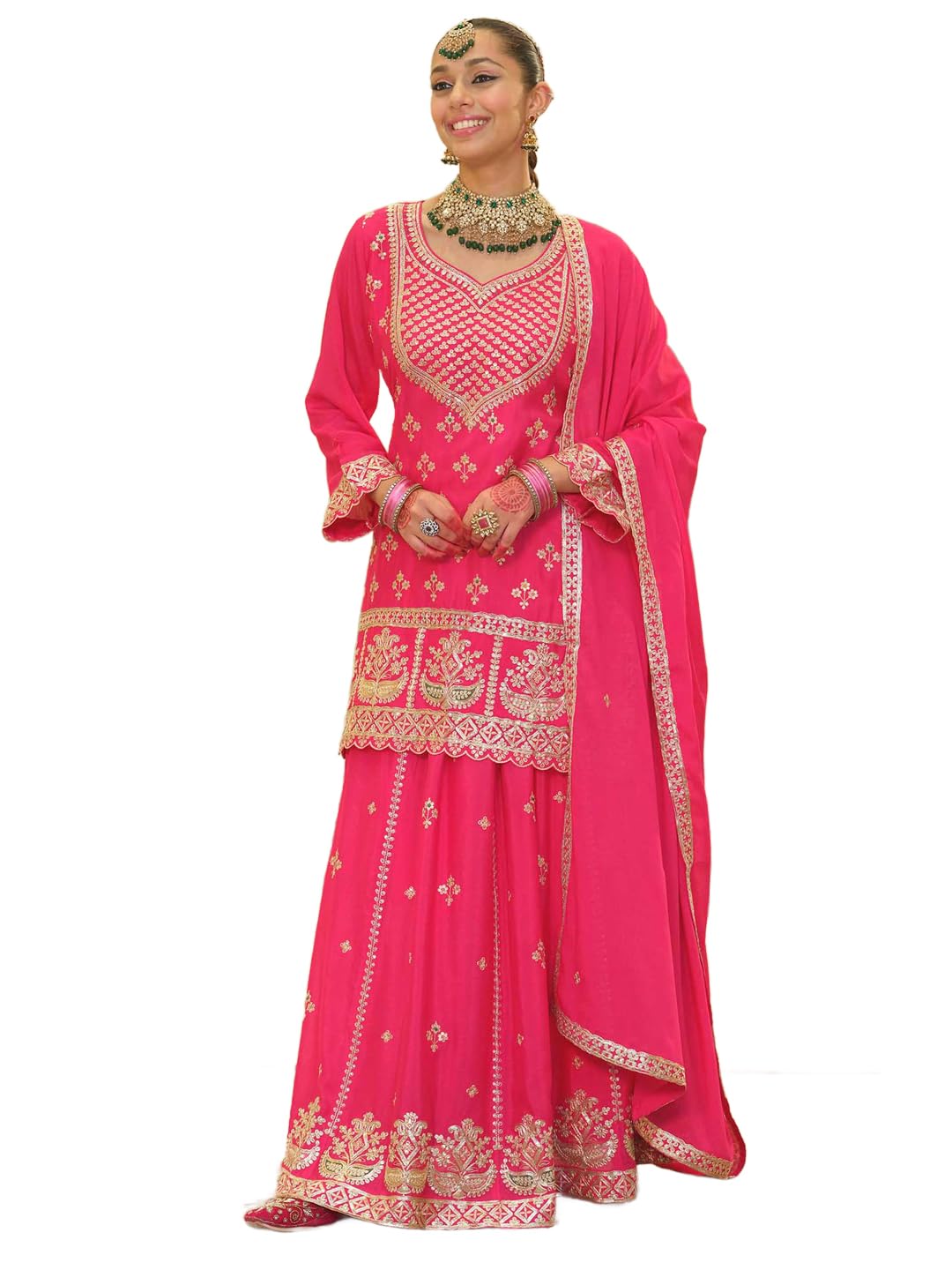 Indo Era Women's Chinon Ethnic Motifs Embroidered Straight Above Knee Kurta & Skirt with Dupatta Set (IEOUT213) in neutral