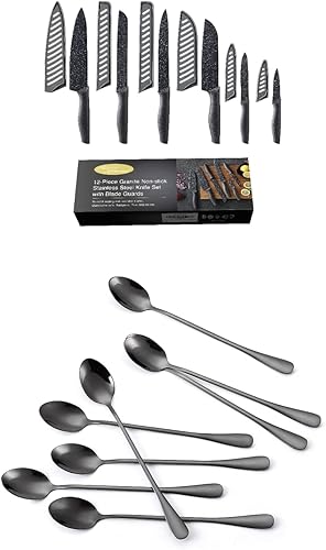 Marco Almond KYA39 - Juego de cuchillos de cocina + cucharas de mango largo de acero inoxidable con revestimiento de titanio KYA59