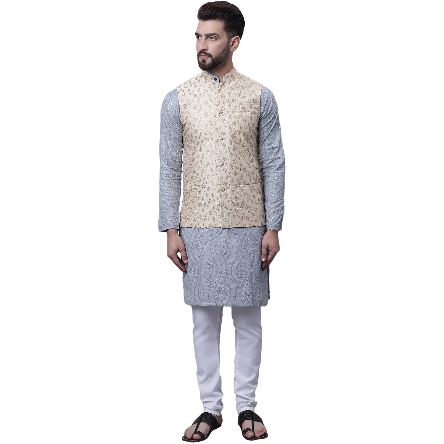 (Since 1958 Men's Pure Cotton Grey Kurta and White Pyjama with Beige Embroidery Nehru Jacket-image-38