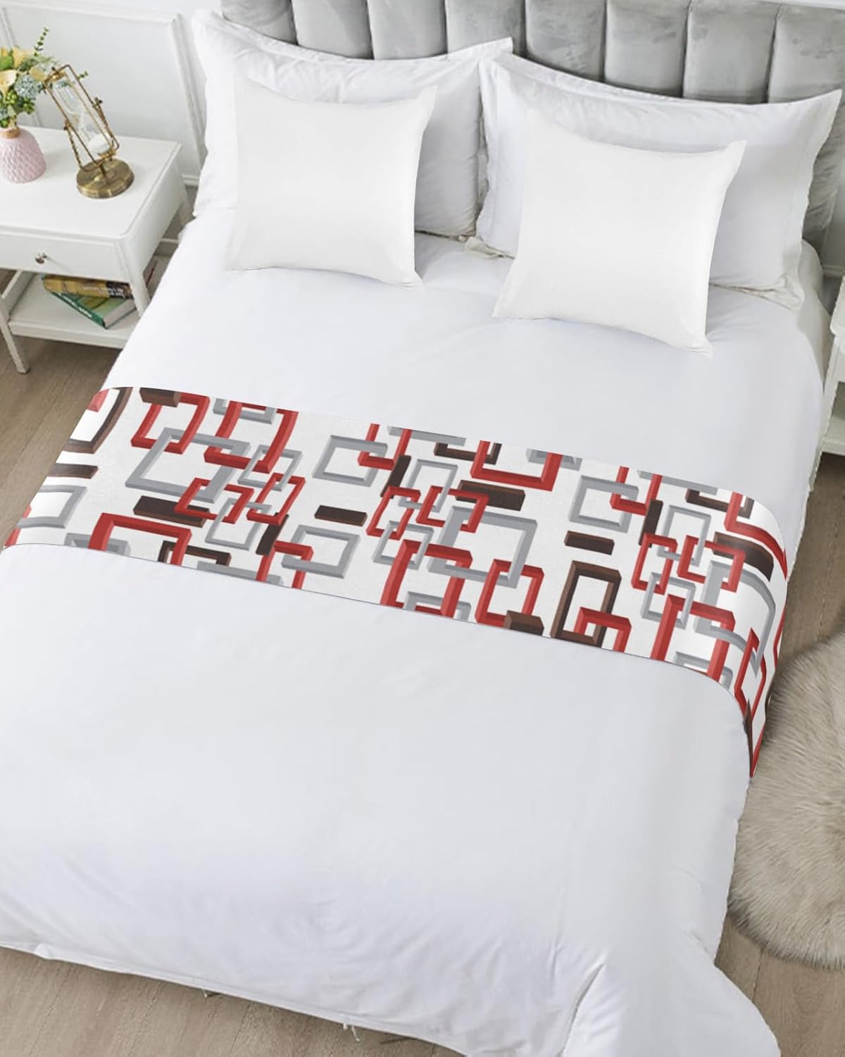 Smile Sunflower Bed Runner Scarf Mid Century Geometric Pattern Red Brown Gery Bedding Scarf Decorative Bed Runners Cover for Home Bedroom Hotel Wedding Room Bed Scarf for Foot of Bed King 102x20in