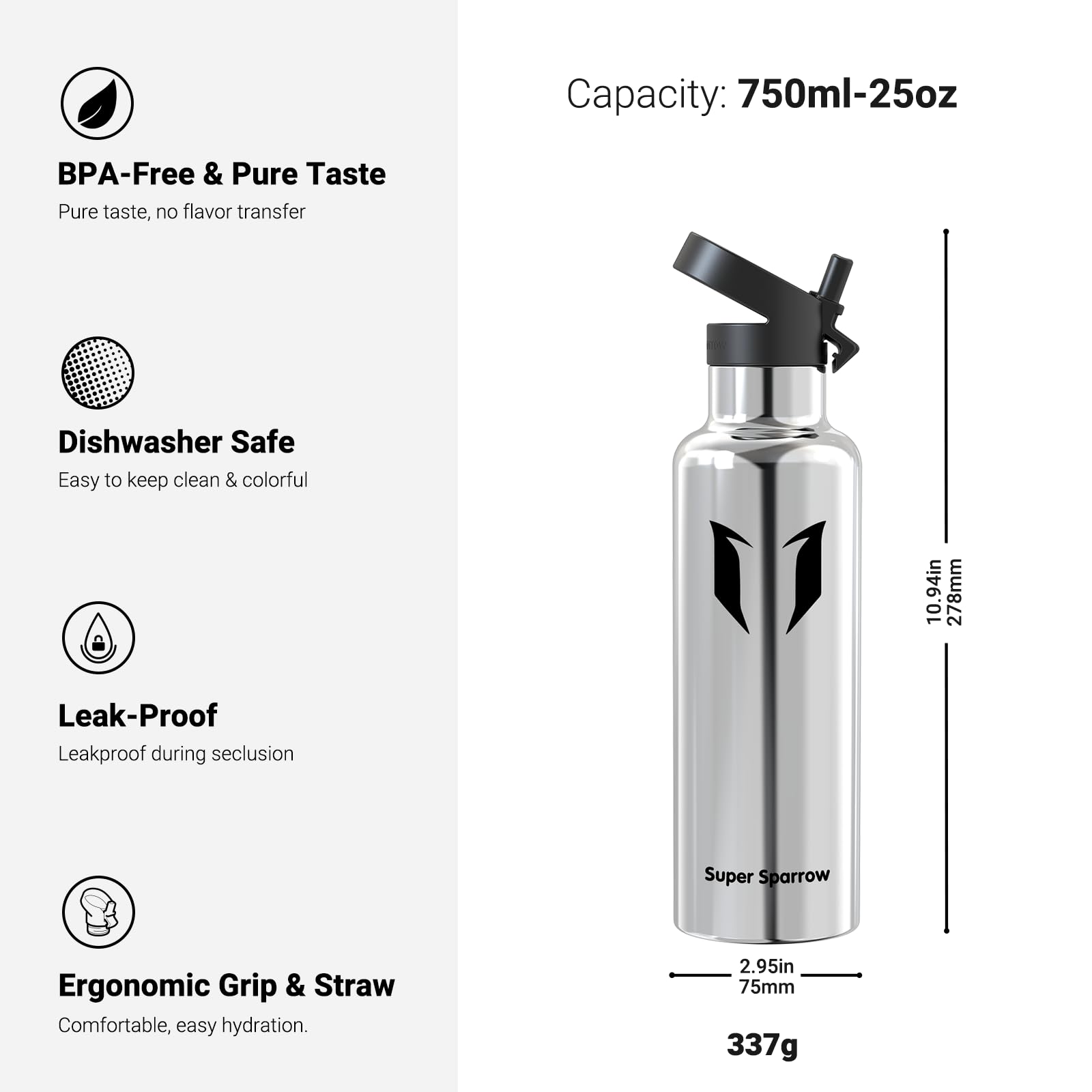 Super Sparrow Borraccia Termica, Acciaio Inox Bottiglia Termica - 350ml, 500ml, 750ml, 1L - Senza BPA Borracce, Borraccia Bambini per Scuola, Sport, Campeggio, Yoga, Palestra, Ciclismo