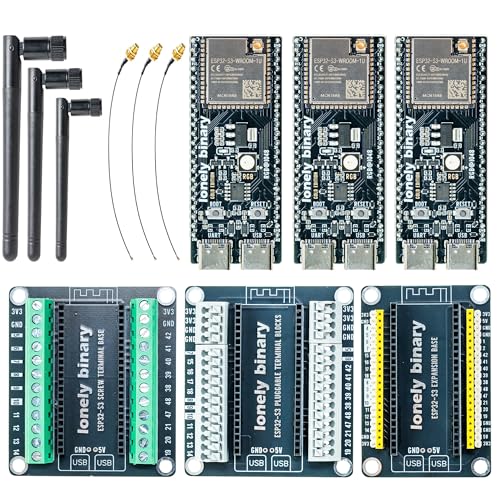 Image of Lonely Binary 3-Pack ESP32-S3 N16R8 IPEX Antenna Terminals for Arduino IDE | 16MB Flash, 8MB PSRAM, 240MHz; WiFi + BT 5.0 LE; IPEX antenna; pre-soldered, plugs into expansion & terminal boards