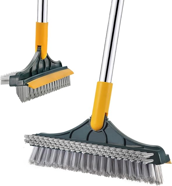 Floor Scrub Brush, 3 IN 1 Scrubbing Brush with Long Handle, 47 IN Long Handled Scrubbing Brush Bathroom Grout Brush with 120° Rotating Scrubbing Cleaning Tool for Kitchen Shower Deck Floor Cleaning