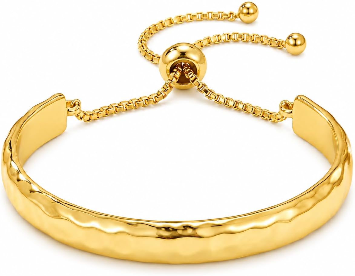 Hammered Adjustable Slider Cuff Bangle Bracelet for Women Lightweight Minimalist Link Chain Bolo Bracelet with Flirty Design Chunky Trendy Jewelry Gift