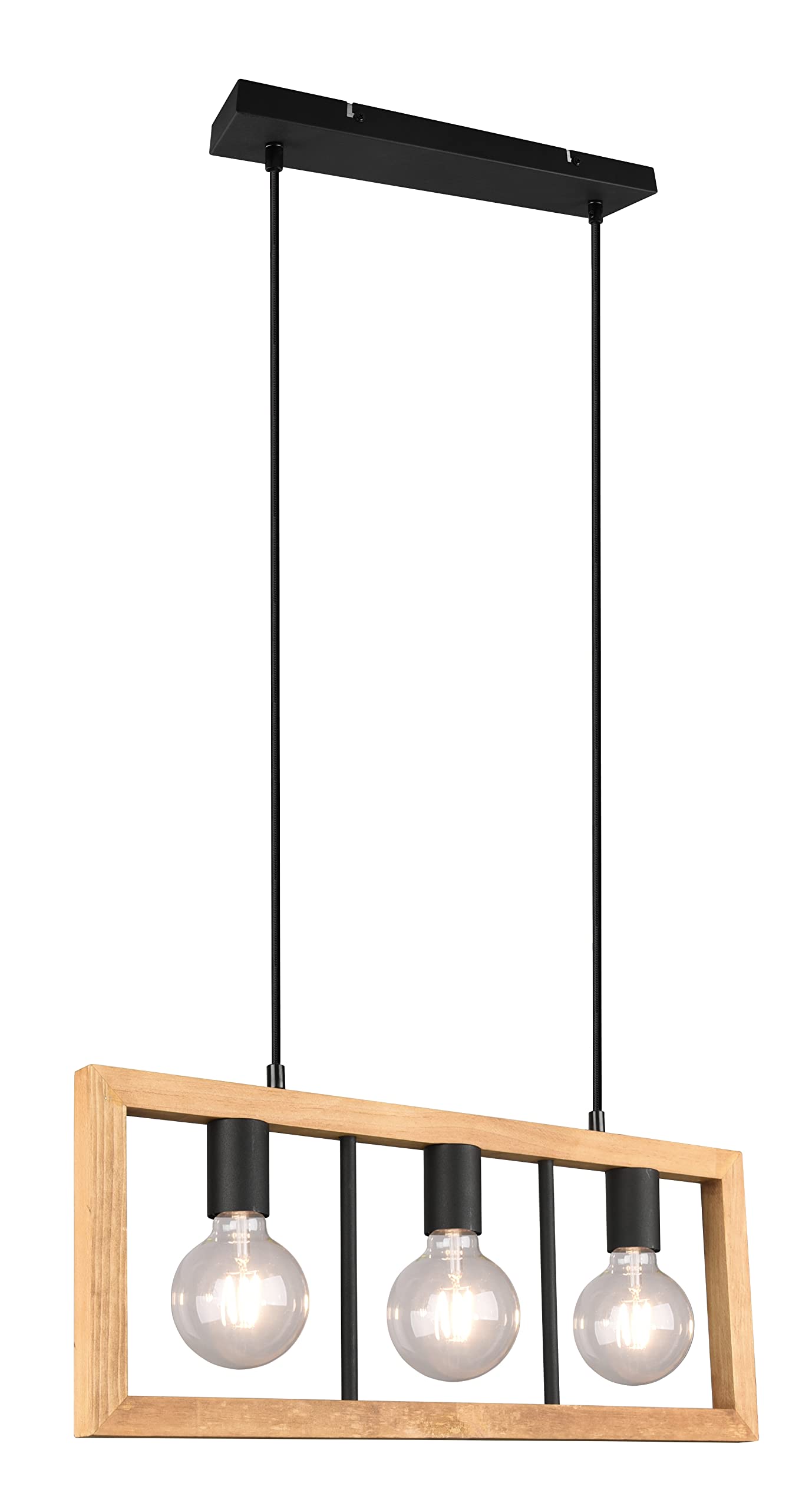 TRIO, Suspension, Agra 3xE27, max.10,0 W Bois naturel, couleur de bois, Corps: Métal, noir mat L:60,0cm, L:8,0cm, H:150,0cm IP20,Sans illuminant,Réglable en hauteur