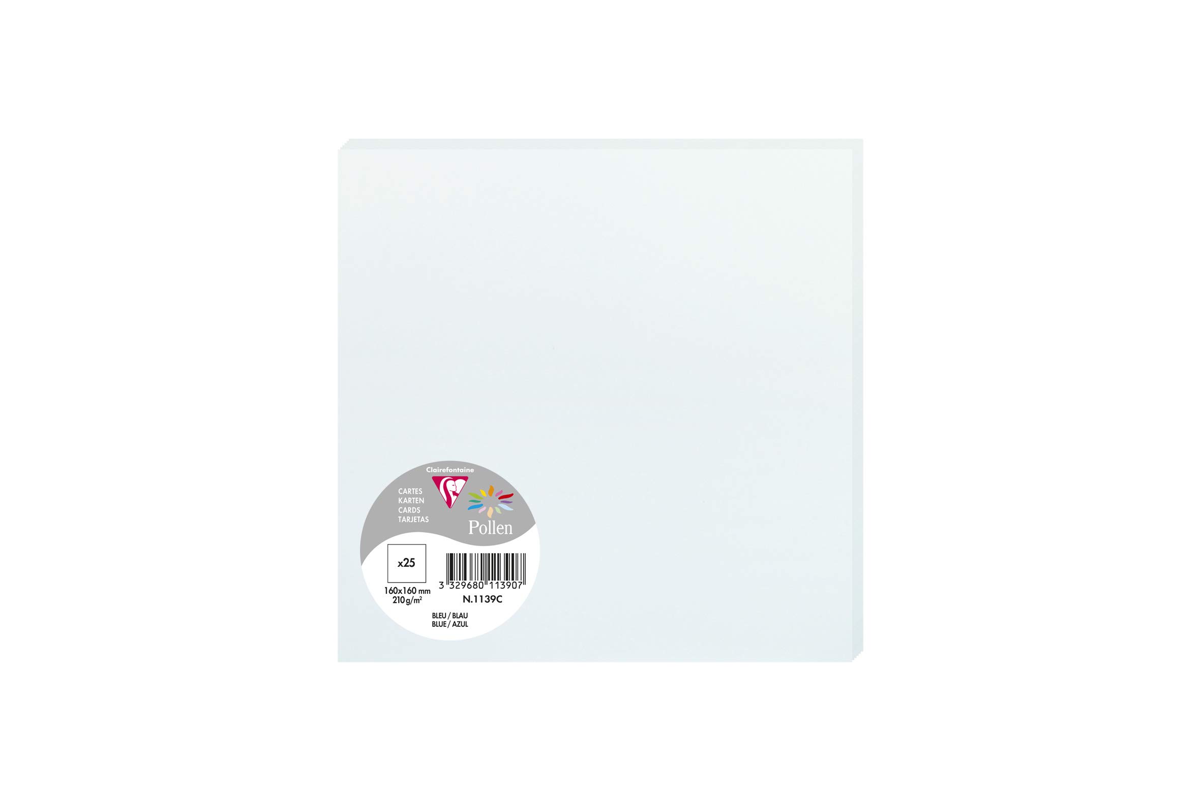 Clairefontaine 1139C - Pack of 25 Plain Cards - Square 16x16cm - 210gsm Blue Events Correspondence Invitation Cards - Pollen Range - Premium Smooth Paper
