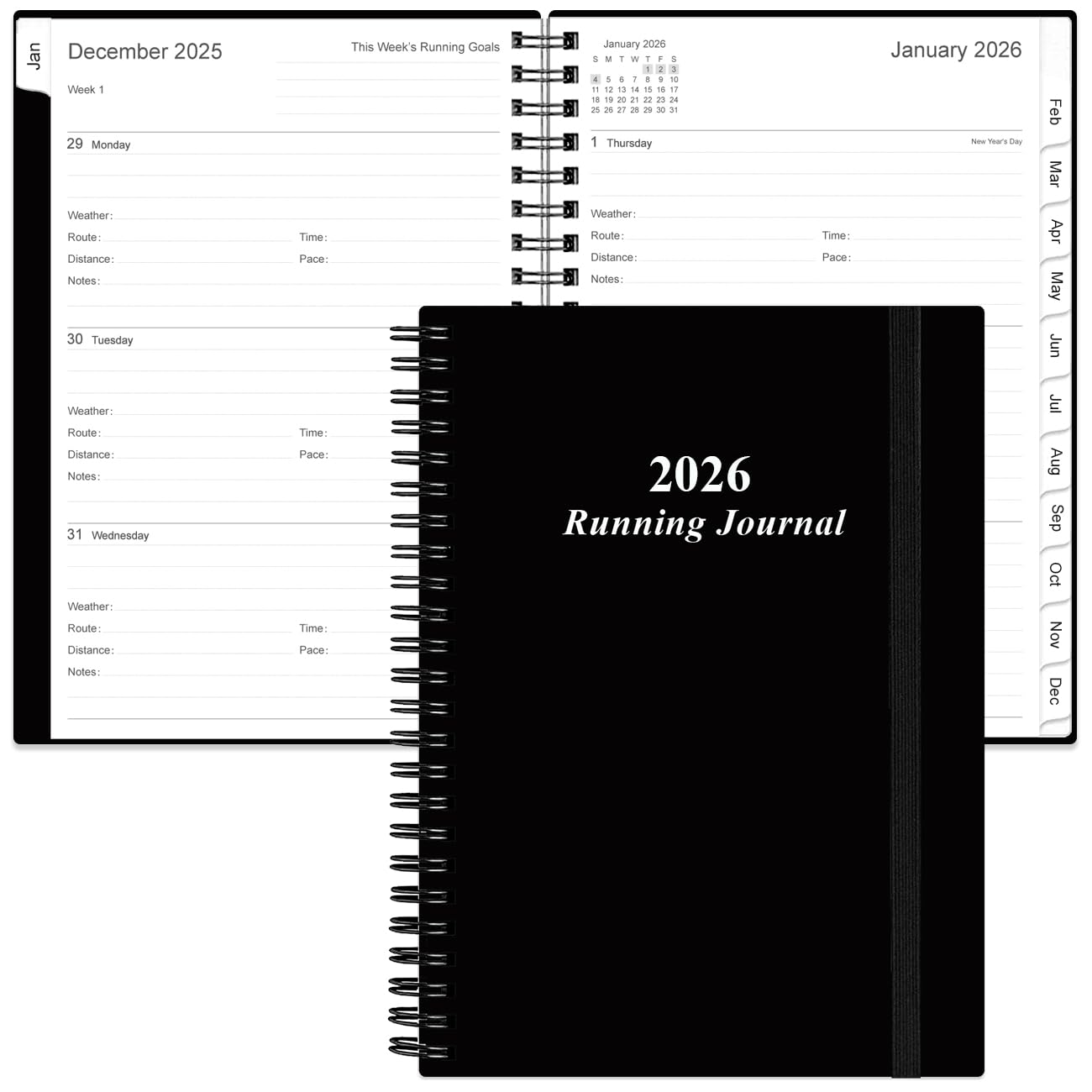 2026 Running Journal, Runner's Day-by-Day Log 2026, 12 Months Running Log for Tracking Your Daily Runs, Races, Goals and Achievements, Black