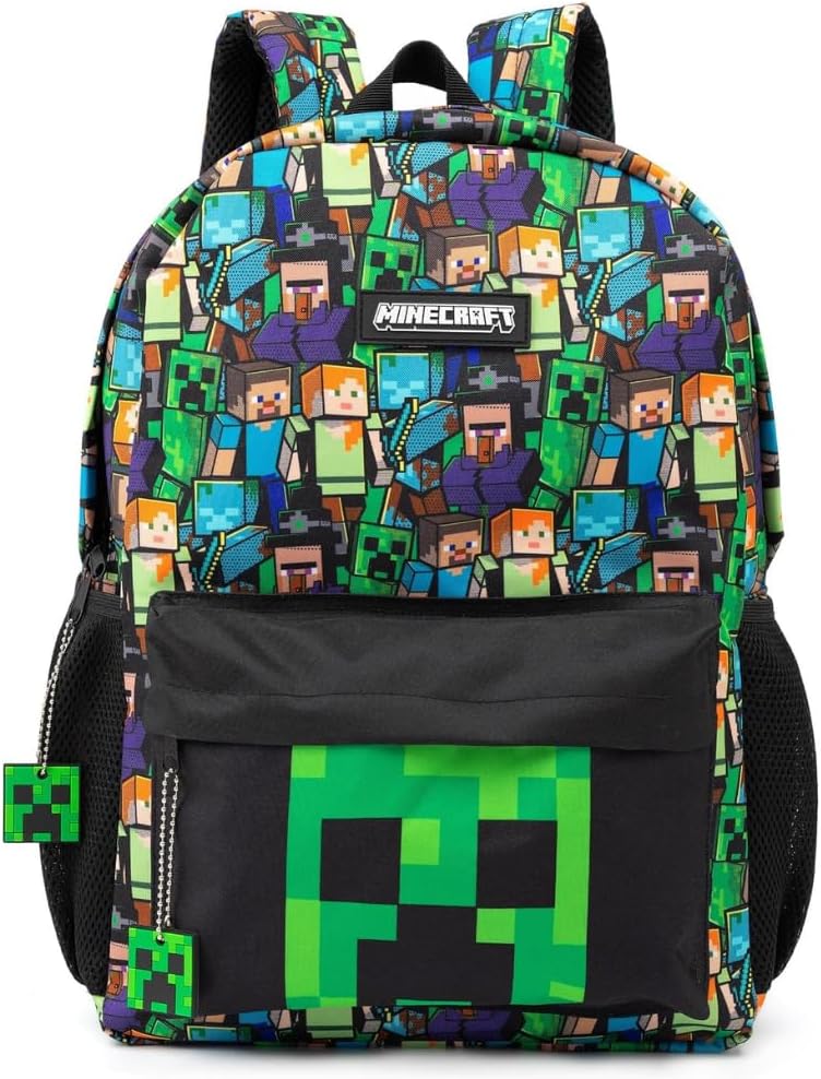 Unisex Kids Backpack Set | Rucksack Options Creeper TNT Zombie Skeleton Enderman Sprites Villains | Zip-Up & Hook Closure | Gamer Back to School Essentials Merch